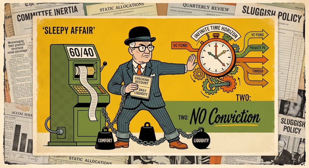 Before Swensen: The Chains of Comfort and Liquidity in Institutional Portfolios An investment allocator in chains, labeled 'COMFORT' and 'LIQUIDITY', pushing away a complex machine labeled 'INFINITE TIME HORIZON'. He clings to a passbook labeled 'CHECKING ACCOUNT'. Embedded phrases: 'SLEEPY AFFAIR' and 'NO CONVICTION'.