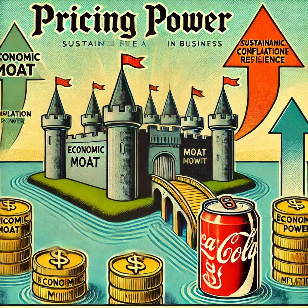 Pricing Power and Moats depicts a castle surrounded by a wide moat labeled Economic Moat symbolizing sustainable competitive advantages products like Coca-Cola