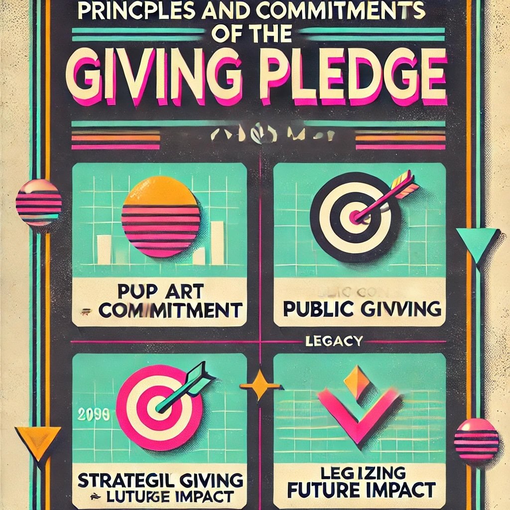 Principles and Commitments of The Giving Pledge featuring a signed document for public commitment, a target for strategic giving, and a legacy tree for future impact