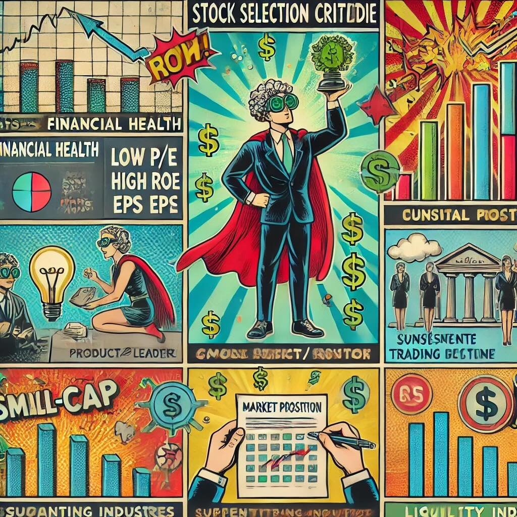 process of building a small-cap stock portfolio with a focus on stock selection criteria. The scene highlights key criteria such as Financial Health, Market Position, Liquidity, and Growth Potential