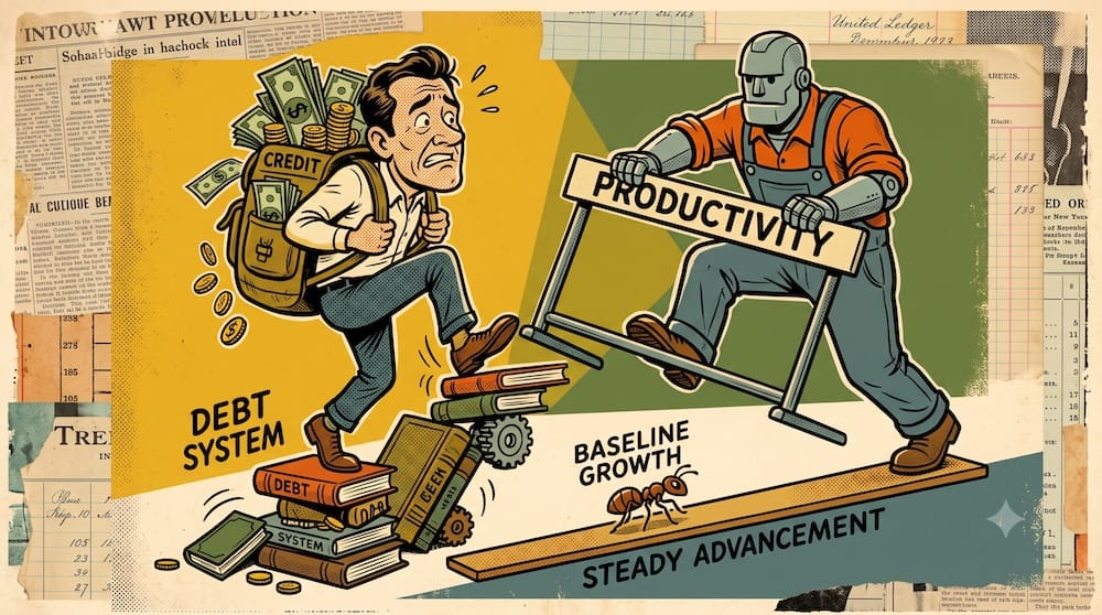 An expressive human character balancing precariously while pushing a 'CREDIT' plunger, struggling against a stable, larger industrial 'PRODUCTIVITY' gear. A smaller, steady ant labeled 'BASELINE GROWTH' walks a flat line below