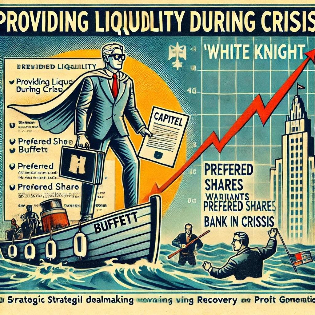 Providing Liquidity During Crisis featuring a figure holding a briefcase labeled "Capital" on a lifeboat rescuing a sinking ship labeled "Bank in Crisis"