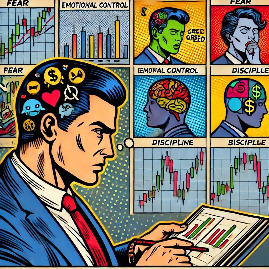 psychological challenges of trading, emphasizing emotional control, discipline, and mental resilience the calm focus of a trader navigating high-stakes environments, with abstract representations of emotions like fear, greed, and stress.