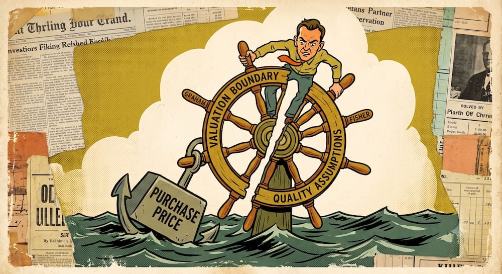 A conceptual illustration of an investor attempting to balance on a split compass wheel labeled 'VALUATION BOUNDARY' and 'QUALITY ASSUMPTIONS,' which is actively being sunk by a heavy anchor in the shape of a massive block labeled 'PURCHASE PRICE,' visualizing how the price paid determines survival.