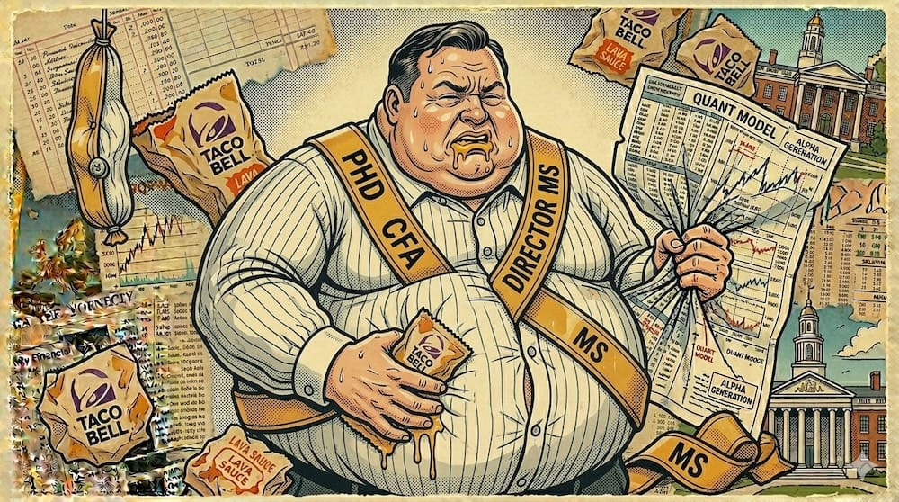 A retro editorial cartoon and collage in a clear line style satirizing elite finance credentials. The subject is a very fat, bulbous professional investor straining against a tight, pinstriped shirt that fits like a sausage casing. He wears a golden pageant-style sash reading "PHD CFA DIRECTOR MS" and has an expression of extreme physical panic and gastrointestinal distress, gripping his stomach. Golden nacho cheese sauce drips from his mouth. In one hand, he clutches a crumpled Taco Bell lava sauce packet, while his other hand desperately squeezes and tears a complex financial chart labeled "QUANT MODEL." The background is a vintage collage of corporate university buildings, financial ledgers, and fast-food wrappers.
