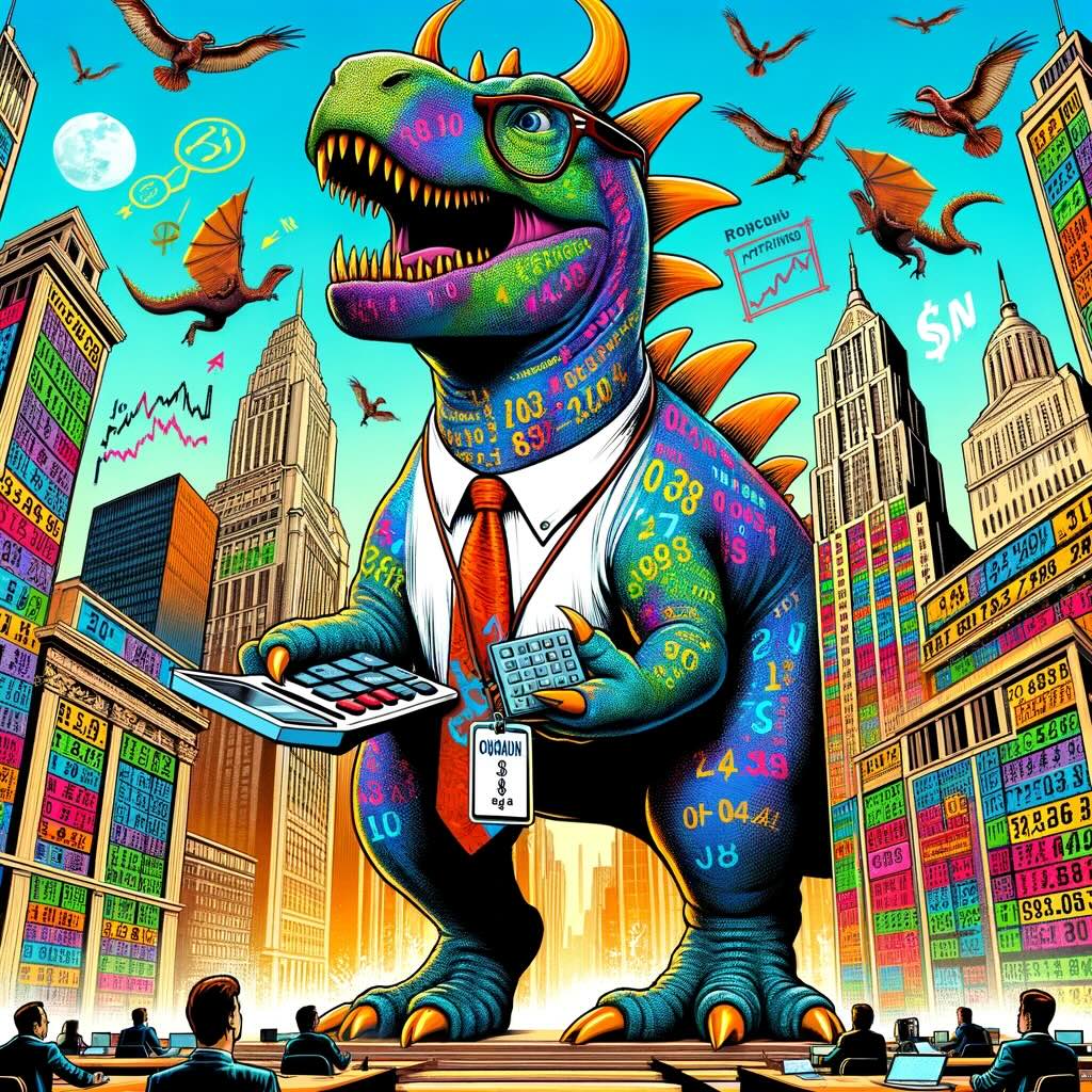 "Quantassaurus Portfolio" image, where the concept of quantitative analysis in investing is humorously personified by a dinosaur. It captures the 'Quantassaurus' towering over a financial cityscape, using a giant calculator and wearing glasses, amidst a vibrant and chaotic blend of stock market symbols and charts.