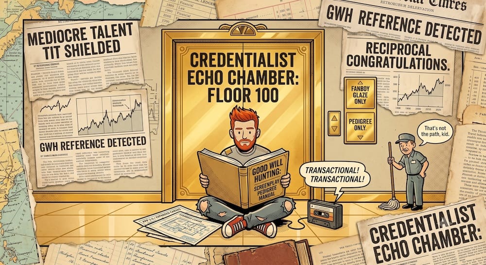 A retro editorial cartoon collage depicting a red-haired man sitting cross-legged reading a 'Good Will Hunting: Screenplay Pedigree Manual'. He sits in front of a golden elevator labeled 'CREDENTIALIST ECHO CHAMBER: FLOOR 100'. A janitor stands nearby saying, 'That's not the path, kid.' The frame includes vintage newspaper clippings reading 'MEDIOCRE TALENT SHIELDED'.