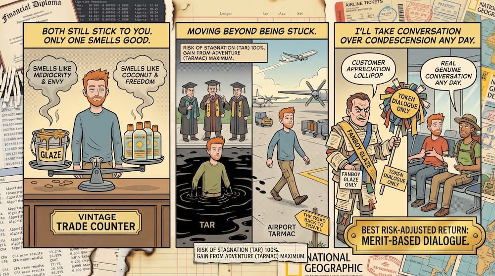 A three-panel retro cartoon comic. In the first panel, a red-haired man in a Travel Industry sweater balances a dripping bucket labeled GLAZE against a row of sunscreen bottles on an old-fashioned scale, with thought bubbles reading 'Smells like mediocrity & envy' and 'Smells like coconut & freedom.' In the second panel, three robed academic gatekeepers with CFA, CFD, and PHD sashes stand over the same man sinking chest-deep in a pool of black tar, while beside him he walks freely across an airport tarmac toward a sign reading 'The Road Back to Travel.' In the third panel, a pompous gatekeeper in a 'Fanboy Glaze' sash offers a rosette reading 'Token Dialogue Only' and a speech bubble saying 'Customer Appreciation Lollipop,' while two travelers sit talking genuinely nearby, one saying 'Real Genuine Conversation Any Day.'