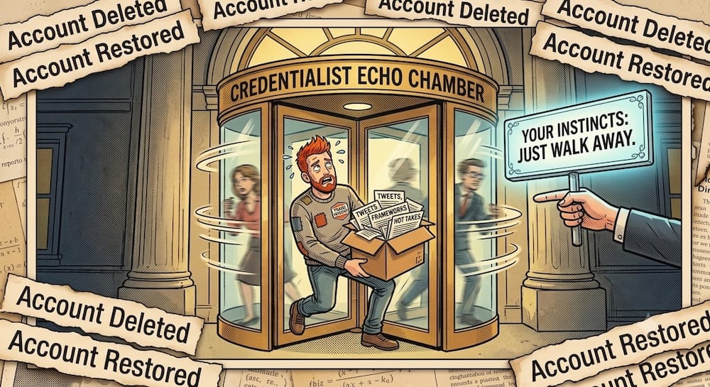 A retro editorial cartoon of a red-haired man caught mid-spin in a revolving door labeled 'Credentialist Echo Chamber,' clutching a cardboard box overflowing with papers marked 'Tweets, Frameworks, Hot Takes,' with blurred figures also revolving through the door behind him. Outside, a hand holds up a glowing sign reading 'Your Instincts: Just Walk Away.' Torn newspaper headlines bordering the frame alternate between 'Account Deleted' and 'Account Restored.
