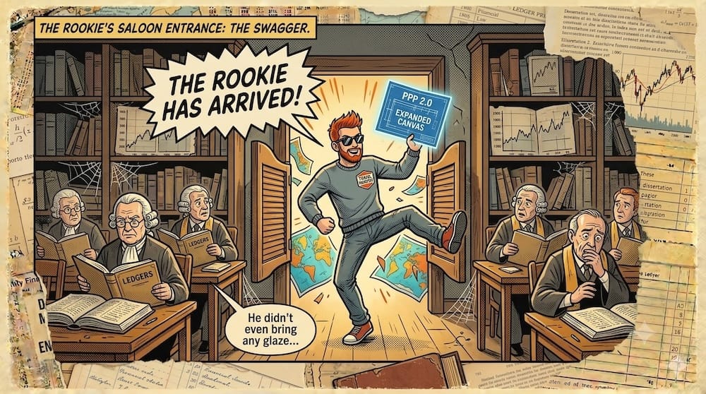 A retro editorial cartoon of a red-haired man in sunglasses and a Travel Industry badge kicking open saloon-style doors into a wood-paneled study, holding up a folder labeled 'PPP 2.0 Expanded Canvas' with a speech bubble reading 'The Rookie Has Arrived!' Startled gatekeepers in powdered wigs and legal robes sit at desks with ledgers, recoiling in shock. A caption reads 'The Rookie's Saloon Entrance: The Swagger,' with a smaller caption noting 'He didn't even bring any glaze...