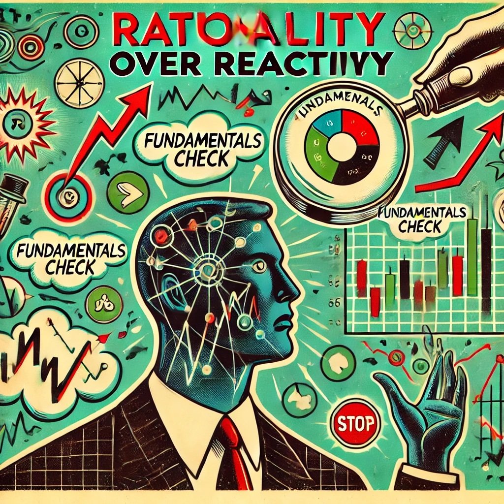 Rationality Over Reactivity calm figure analyzing a stock chart labeled Fundamentals Check, surrounded by a storm of emotional stock symbols like arrows and graphs