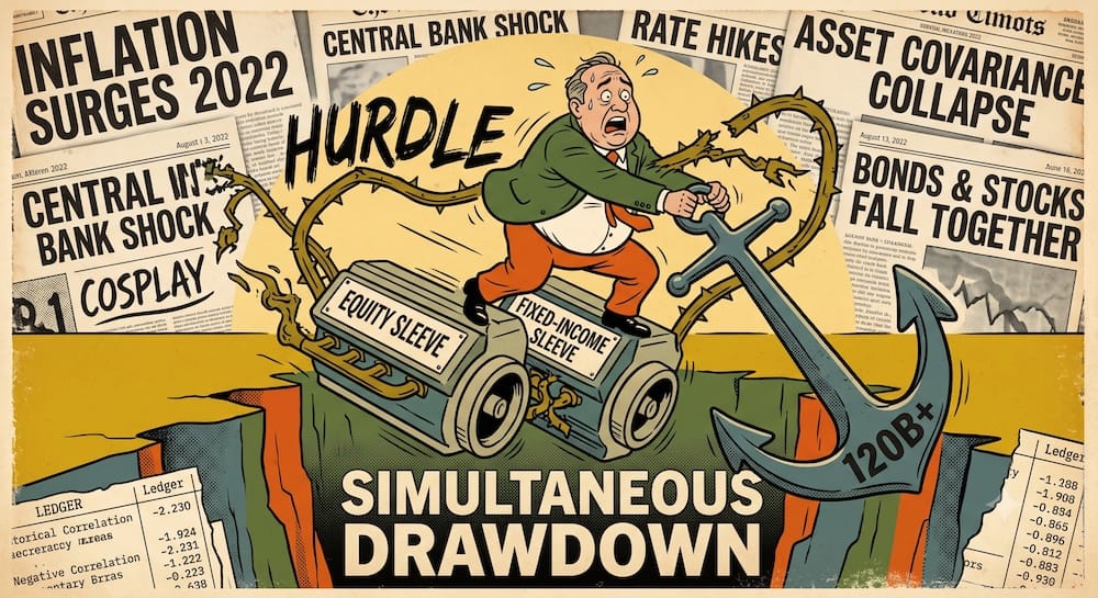 2022 Regime Break: The Collision of Risk Parity Math and Inflation Realities for Institutional Portfolios A scared fund manager balancing on two locked risk parity engines plunging into a chasm labeled "SIMULTANEOUS DRAWDOWN". Thorny mechanical arms lash him, while a colossal anchor marked "120B+" pulls everything down. Newspaper collage with headlines about 2022 inflation, rate hikes, and asset covariance collapse border the central asymmetric scene.
