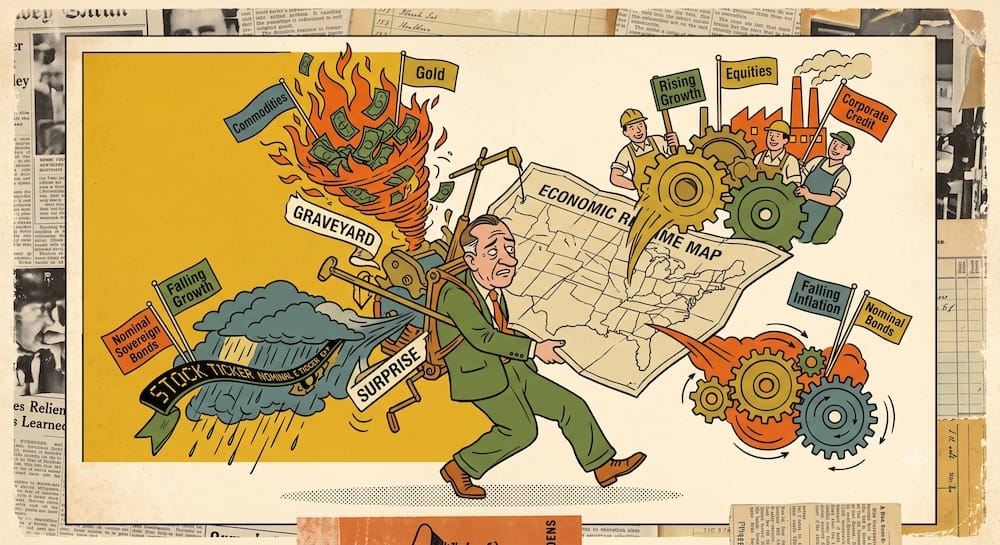 Ray Dalio's All Weather Economic Regime Map Explored Investor figure navigating a complex 'economic regime map.' Surreal vignettes erupt from the map representing the four growth/inflation macro quadrants, with labels including 'Equities,' 'Nominal Sovereign Bonds,' 'TIPS,' and 'Graveyard.'