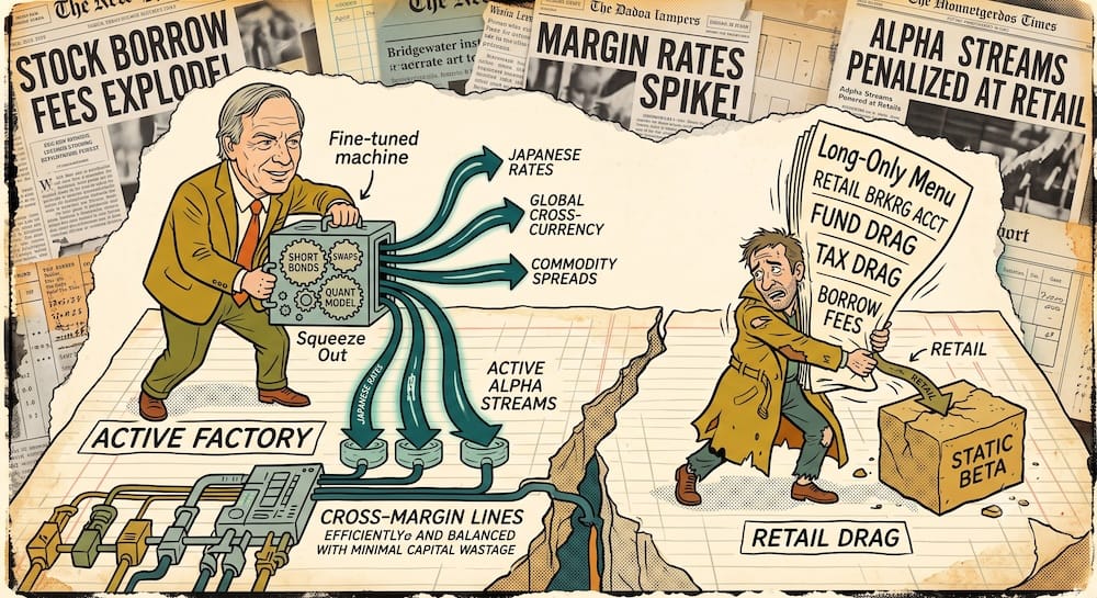 Brecha de abastecimiento institucional de Ray Dalio: Comparación de fábricas de alfa macro activo frente a la fricción de ejecución minorista Ray Dalio extrayendo fuentes de alfa activo de una máquina compleja con líneas de margen, frente a un inversor minorista atrapado en un menú simple de solo compra.