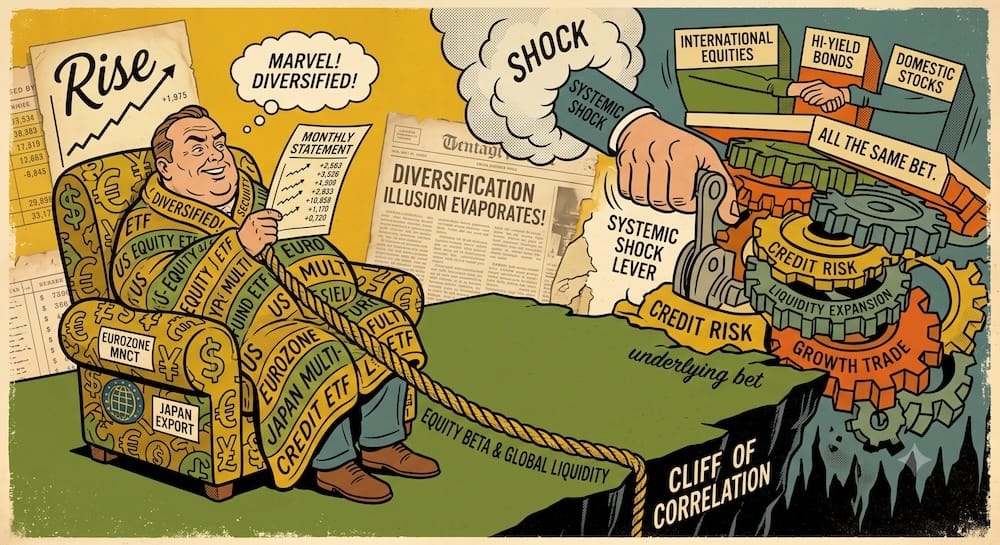 Prueba de la ilusión de la diversificación de Ray Dalio: Cómo los shocks del sistema exponen correlaciones ocultas de activos Un inversor tranquilo tapado con una manta de falsa diversificación mira un papel sin ver la mano de un shock económico que unifica la correlación de los activos de riesgo.