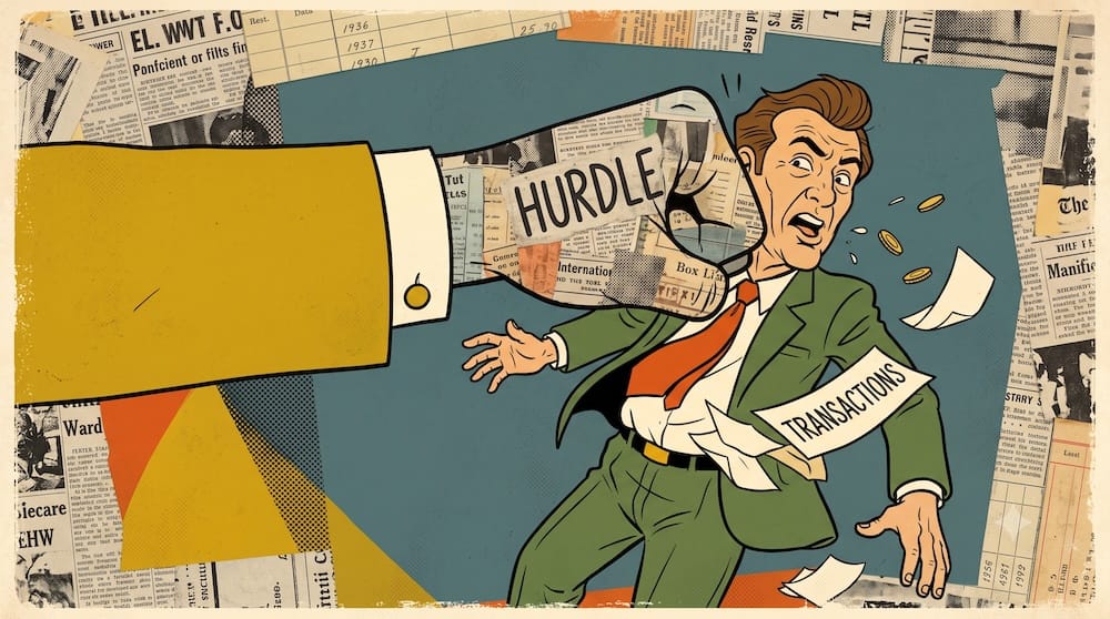 Macro investor caricature getting violently punched in the face by a giant, newspaper-collage-textured fist labeled 'HURDLE.' Loose coins and flying papers labeled 'TRANSACTIONS' surround him as he falls.