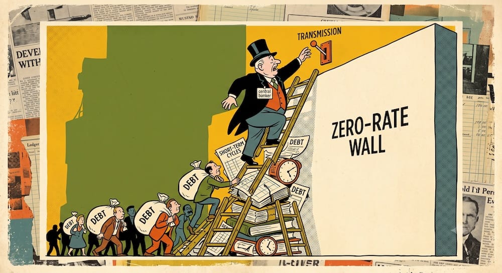 A caricatured central banker desperately reaches for a distant transmission lever while climbing a chaotic, stacked ladder of unstable short-term cycles. He is blocked by an immense, solid 'ZERO-RATE WALL'.