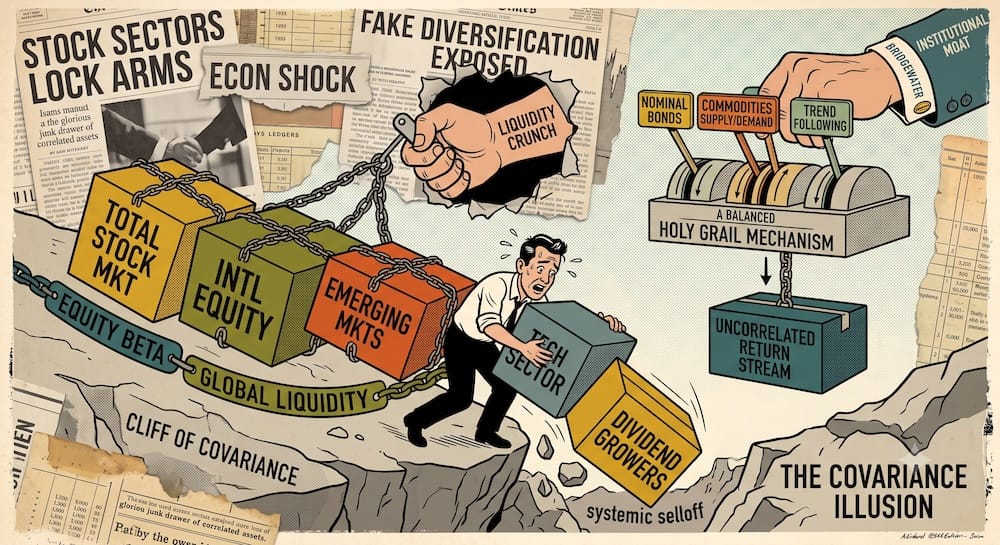 Prueba de fuentes de rendimiento descorrelacionadas de Ray Dalio: Rompiendo la ilusión de la covarianza y gestionando factores de riesgo macroeconómico Un inversor minorista desesperado juntando bloques de acciones globales y fondos indexados atados al factor de renta variable al borde de un precipicio, mientras el motor de Bridgewater funciona equilibrado.