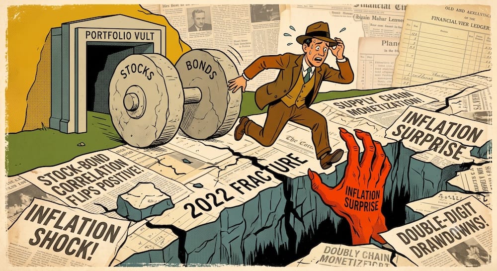 A terrified man in a suit running on a road made of old newspapers. He is desperately pushing two massive stone wheels labeled 'STOCKS' and 'BONDS' toward a small 'PORTFOLIO VULT'. A huge, cracked chasm labeled '2022 FRACTURE' has opened up, breaking the newspaper road. From the chasm, a massive red hand reaches up to pull down the 'BONDS' wheel and the character.