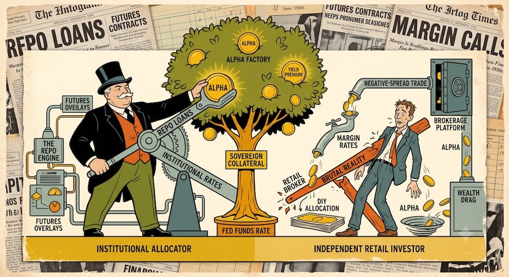 A massive 'INSTITUTIONAL ALLOCATOR' effortlessly harvests alpha coins and 'YIELD PREMIUM' using a complex machine labeled 'THE REPO ENGINE' and 'REPO LOANS' connected to the 'FED FUNDS RATE'. On the right, an 'INDEPENDENT RETAIL INVESTOR' is pinned beneath a collapsing 'RETAIL BROKER MARGIN' lever labeled 'BRUTAL REALITY', while a siphon labeled 'MARGIN RATES' drains coins from their flattened 'DIY ALLOCATION' directly into a 'BROKERAGE PLATFORM' safe via 'NEGATIVE-SPREAD TRADE'. Coins labeled 'ALPHA' fall uselessly around the crushed investor into a vortex labeled 'WEALTH DRAG'.