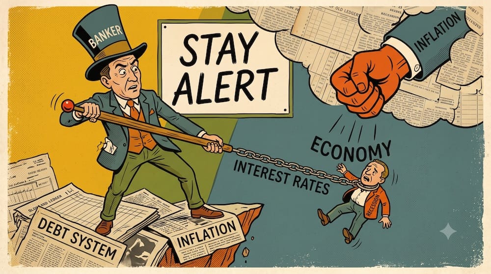Central banker frantically pulling a large wooden lever, struggling against a giant, inflation-fist labeled INFLATION. A small figure labeled ECONOMY plunges toward the edge of a unstable DEBT SYSTEM cliff made of collage newspaper clippings.