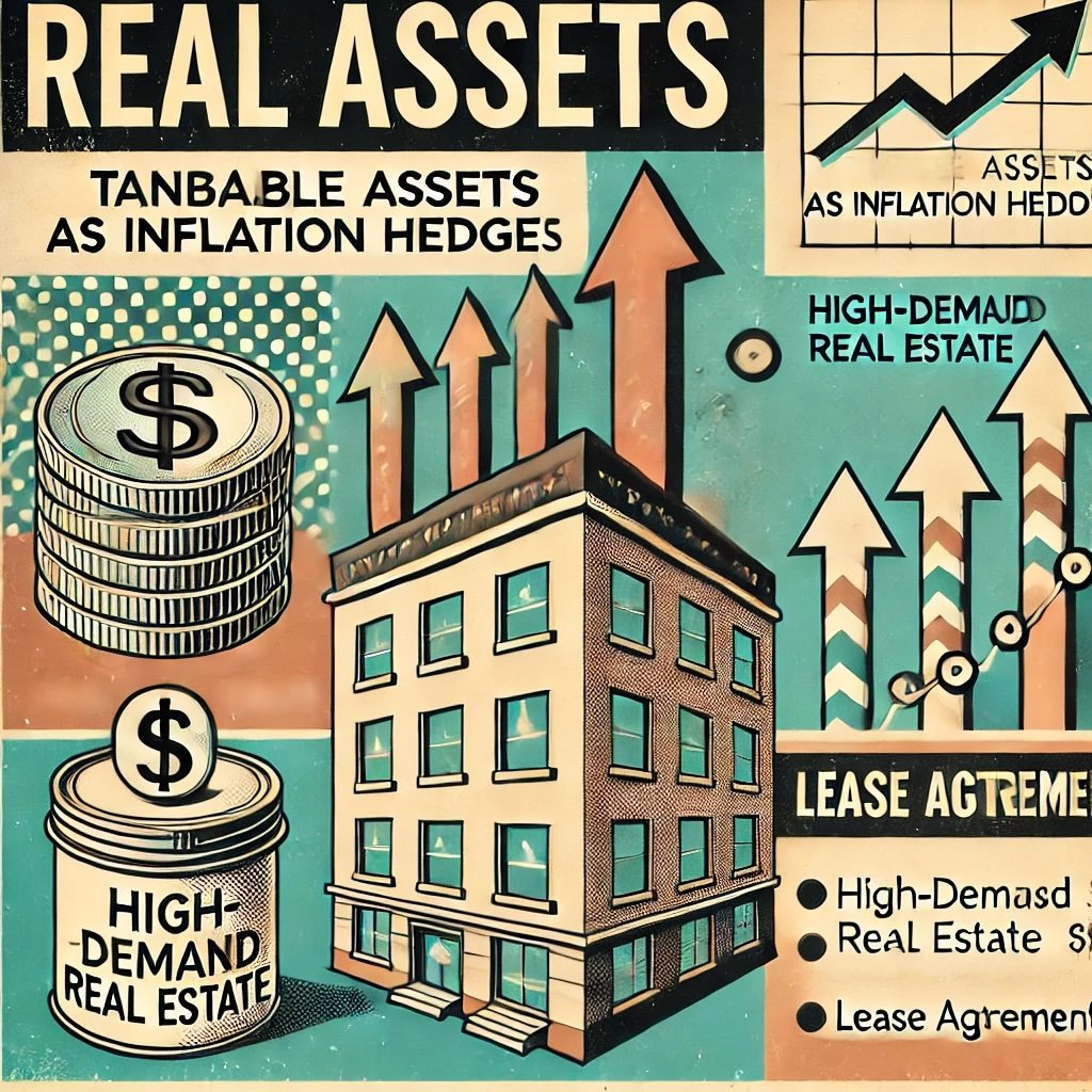 Real Assets highlights tangible assets as inflation hedges featuring a building labeled High-Demand Real Estate with upward arrows representing rising valuations and rents