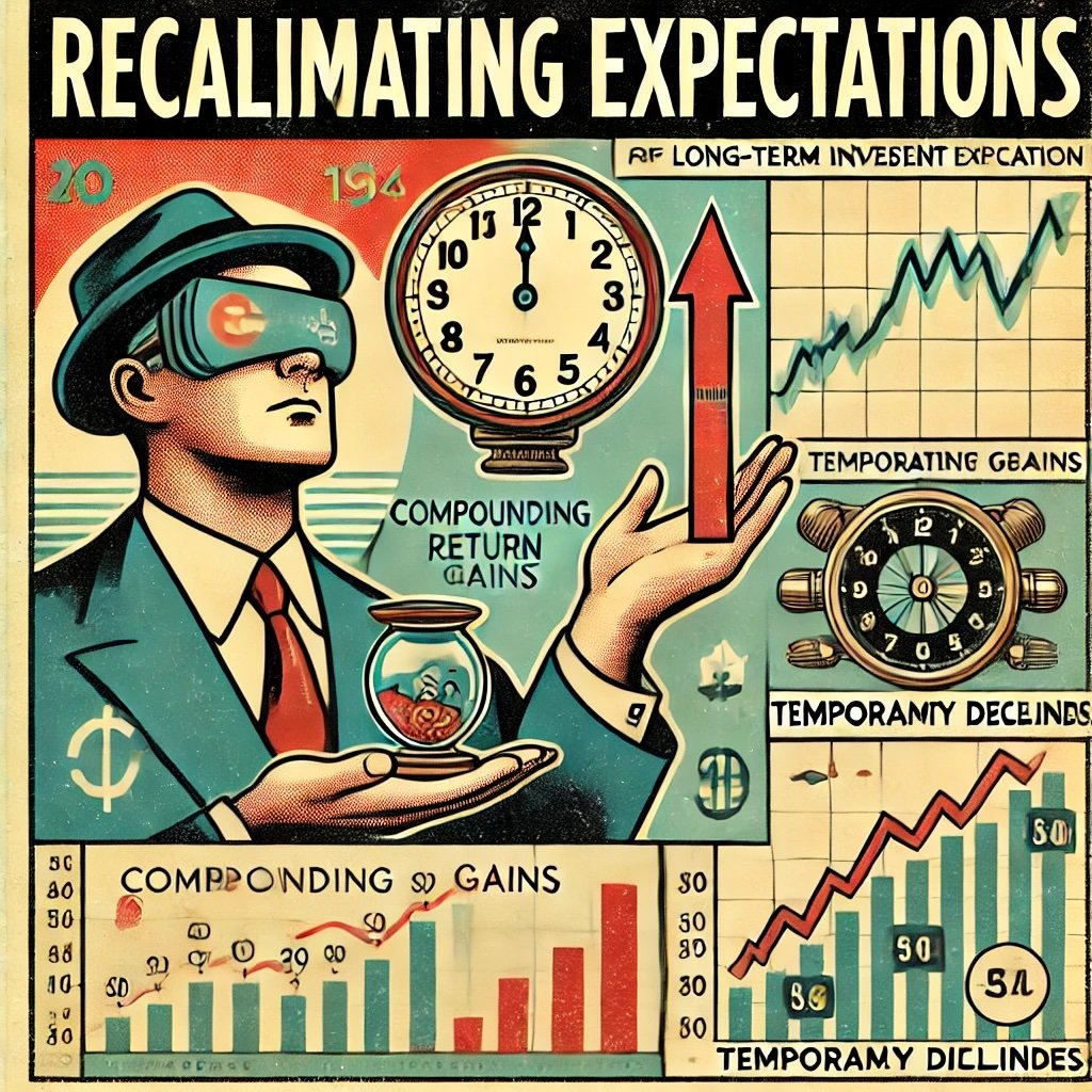 Recalibrating Expectations figure holding a growth chart labeled Compounding Gains alongside a clock symbolizing patience and a steady upward arrow for gradual progress