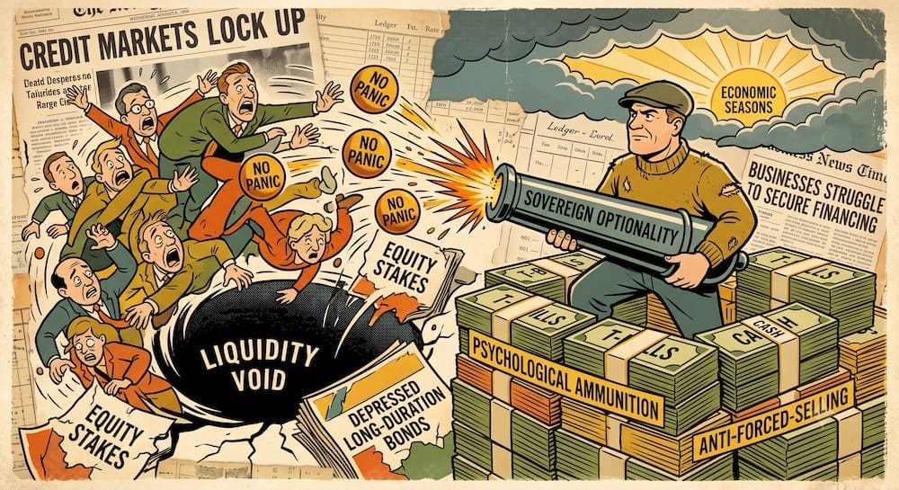 A stout worker standing firm, having built a stable capital floor from massive stacks of short-term Treasury Bills labeled PSYCHOLOGICAL AMMUNITION. Behind him, a mad scramble ensues as panicked caricatures are being sucked into a LIQUIDITY VOID of locked credit markets.