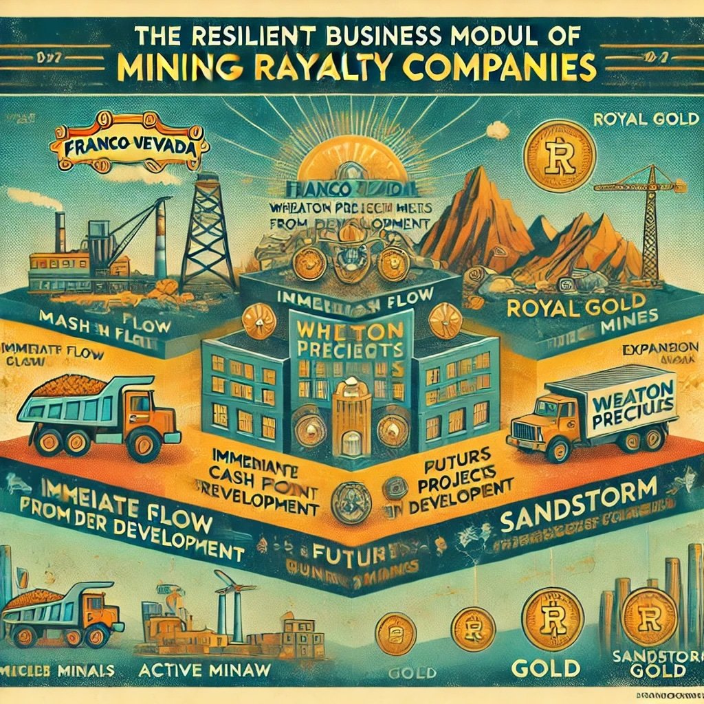 Resilient Business Model of Mining Royalty Companies firms like Franco-Nevada and Royal Gold showcase strategic approach to acquiring royalties across diverse mining operations it illustrates the layered benefits of immediate cash flow, future production gains, and potential expansions while mitigating operational risks. This visualization captures their resilience and the complexities of balancing growth with market uncertainties