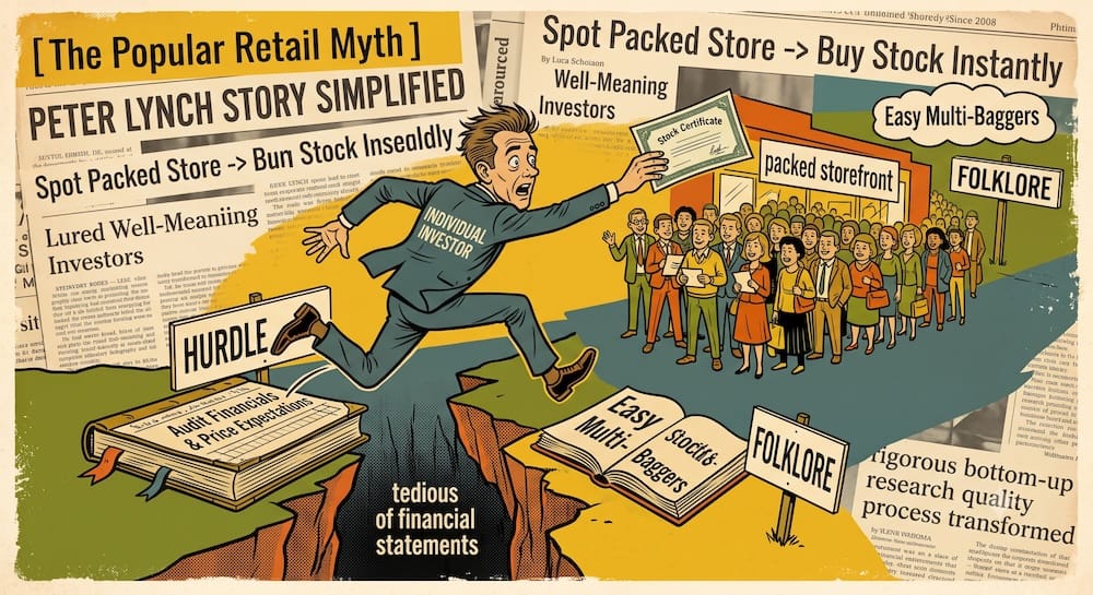 An individual investor leaping across a chasm marked "tedious financial statements" towards a "packed storefront" in a chase for "easy multi-baggers" based on "retail myth" and "folklore," bypassing an book labeled "Audit Financials & Price Expectations."