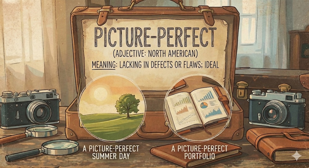 A retro-style illustration of an open vintage leather suitcase resting on a cluttered desk with old cameras and magnifying glasses. Inside the suitcase lid, text defines "PICTURE-PERFECT" as "lacking in defects or flaws; ideal." Below the definition are two circular illustrations: on the left, a sunny landscape labeled "A PICTURE-PERFECT SUMMER DAY"; on the right, an open ledger filled with financial charts and graphs labeled "A PICTURE-PERFECT PORTFOLIO."