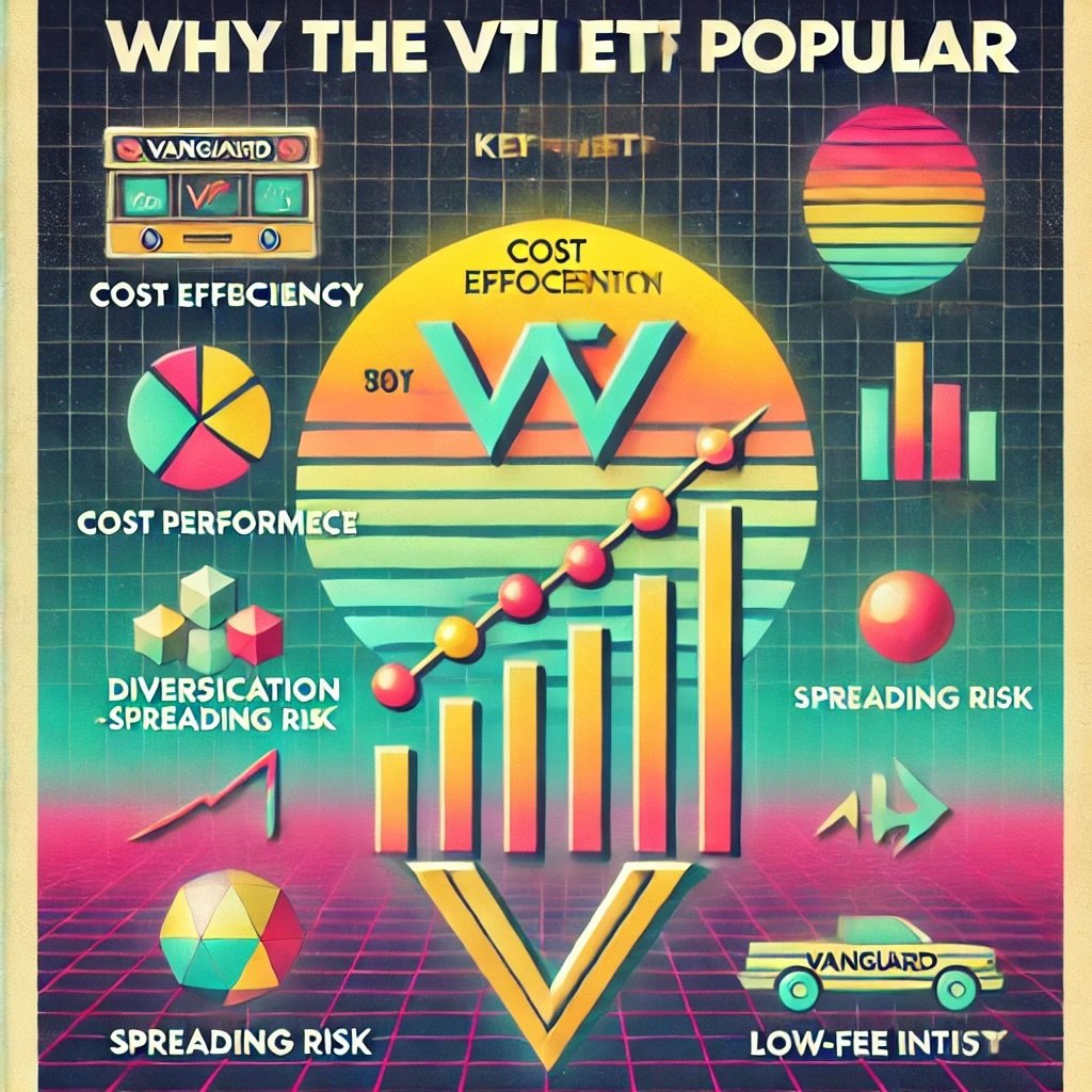 retro-inspired illustration highlighting the key reasons behind the popularity of the VTI ETF image conveys cost efficiency, diversification, and accessibility