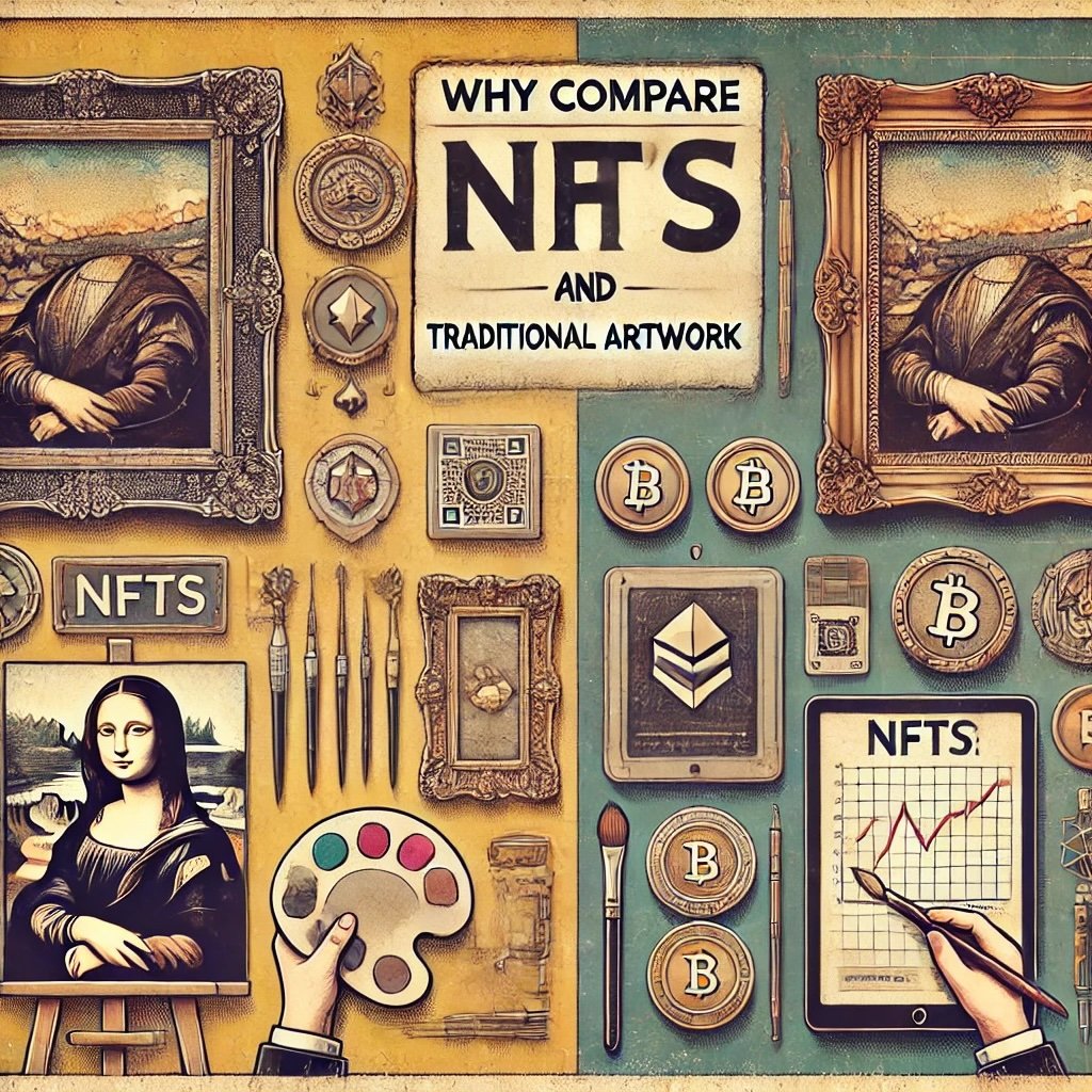  retro-styled illustration comparing NFTs and traditional artwork captures unique elements of both worlds providing a visual perspective on their contrasts and coexistence