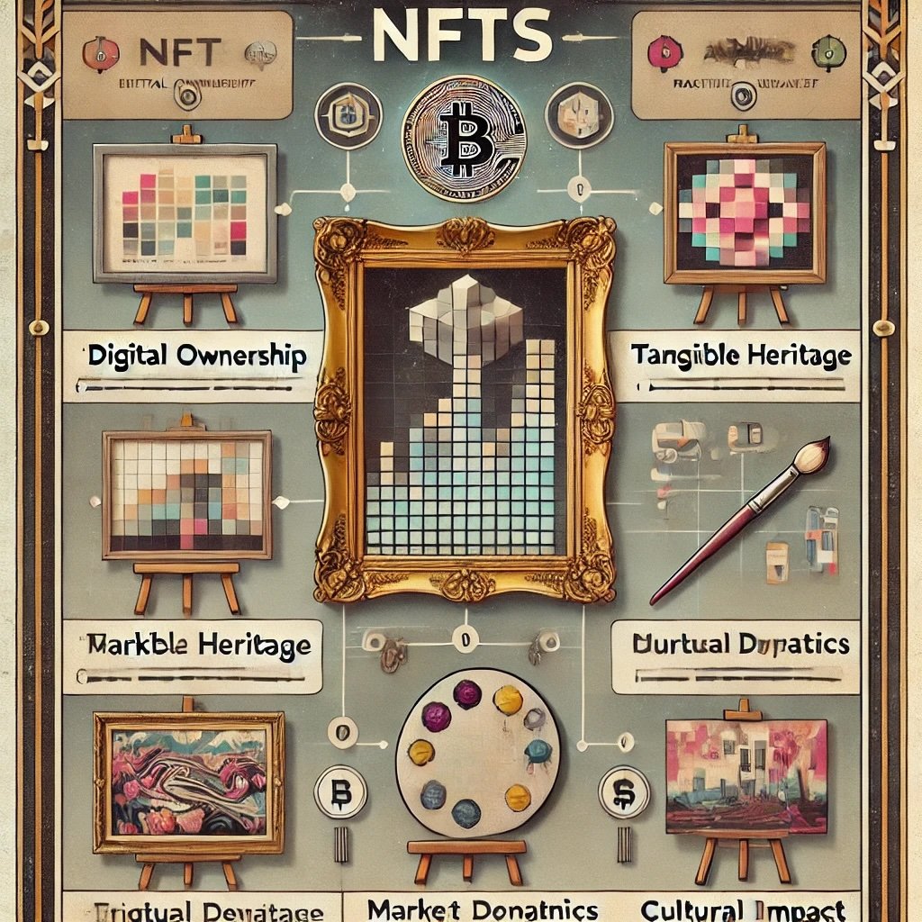 retro-styled infographic comparing the unique features of NFTs and traditional artworks, presented with a vintage aesthetic to highlight their contrasting characteristics