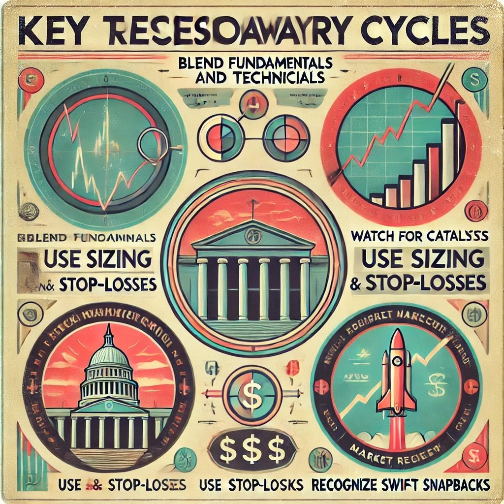 retro-styled infographic designed in a vintage finance aesthetic illustrating the key takeaways for recessionary cycles