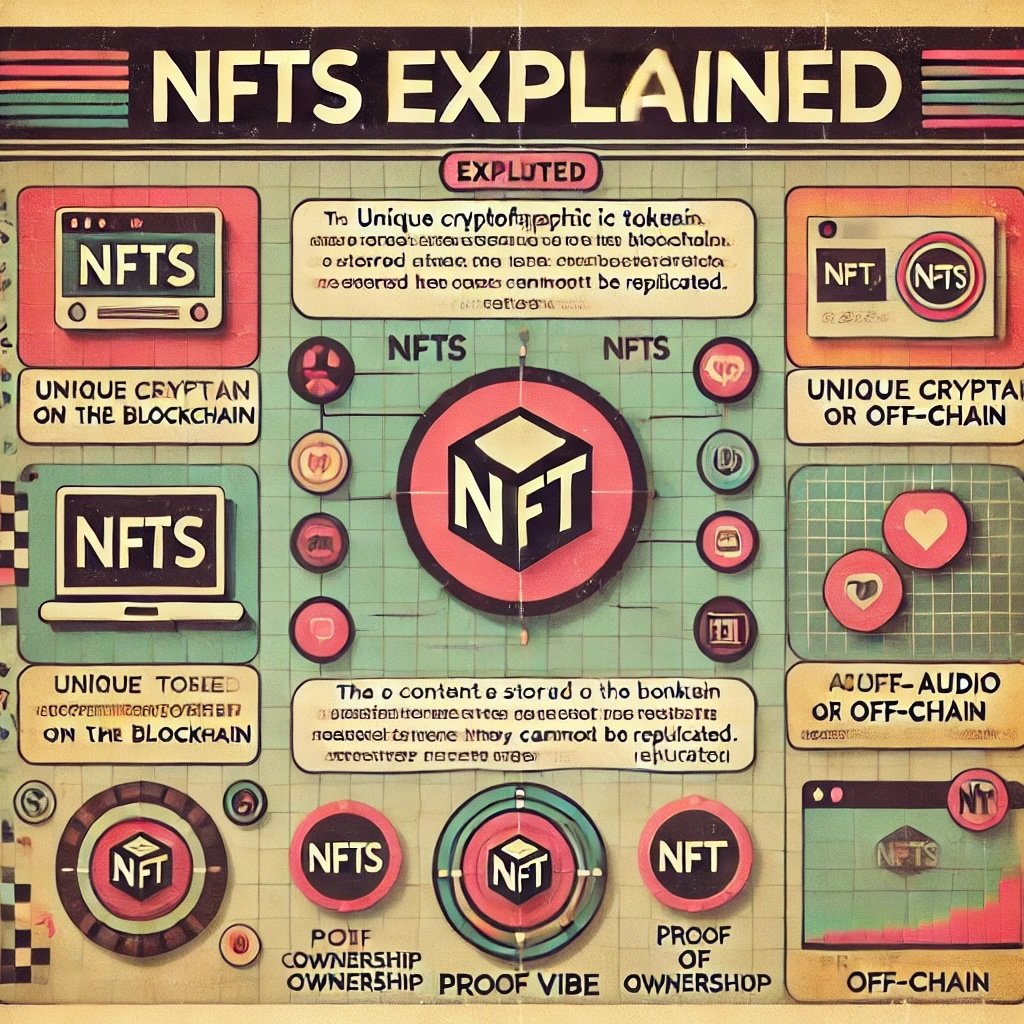 retro-styled infographic explaining NFTs designed with a vintage digital art theme and incorporating retro fade tones