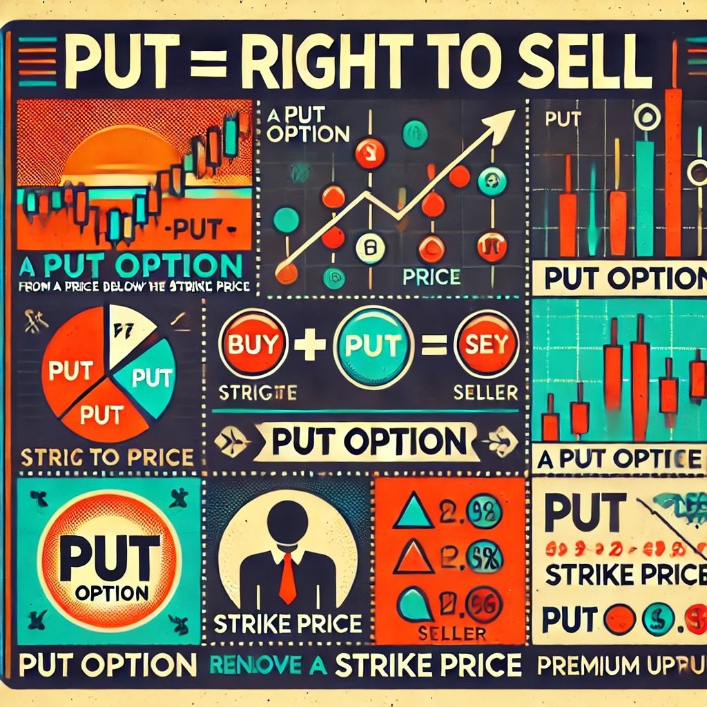 retro-styled infographic explaining the concept of a put option centered around the theme Put = Right to Sell