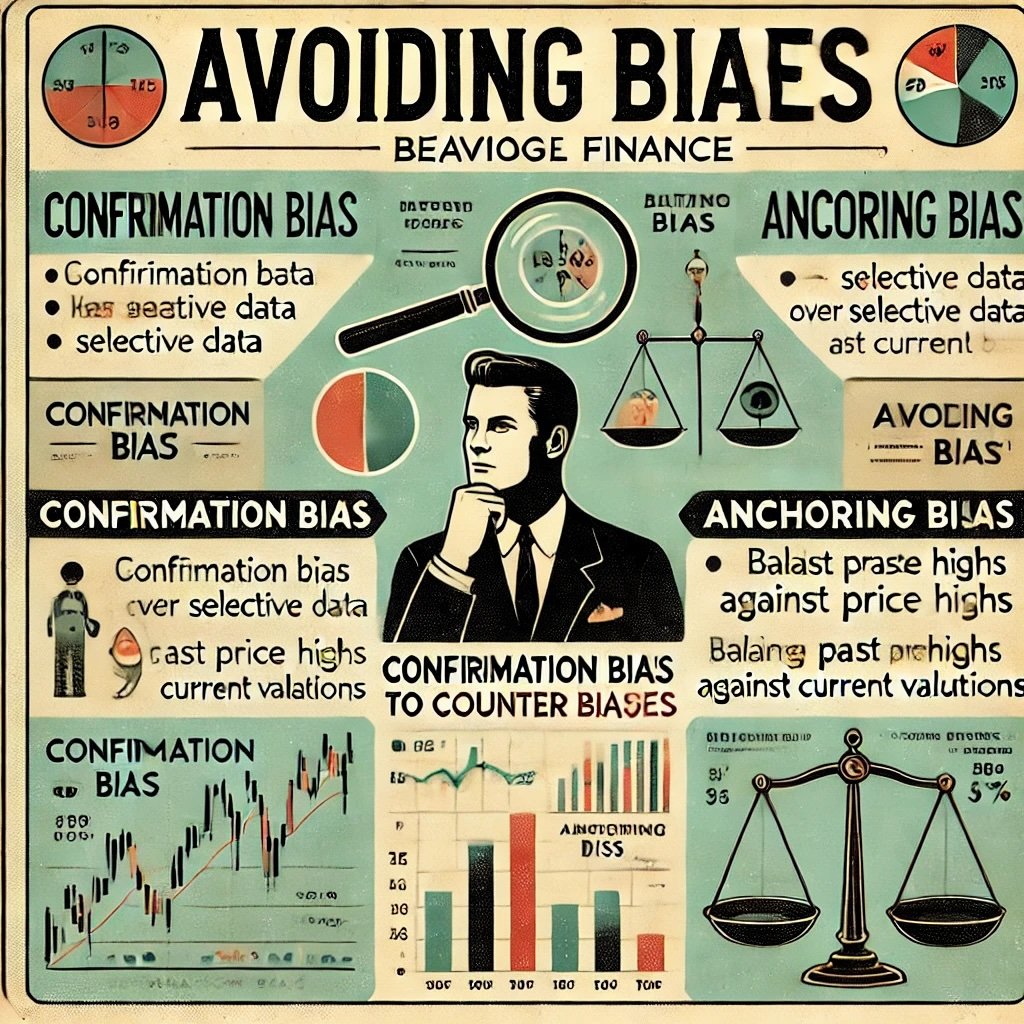 retro-styled infographic on Avoiding Biases highlighting confirmation bias and anchoring bias with visual elements and tips to counter them