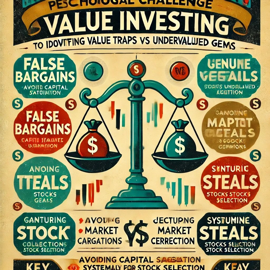 retro-styled infographic on the importance of distinguishing value traps from undervalued gems in investing