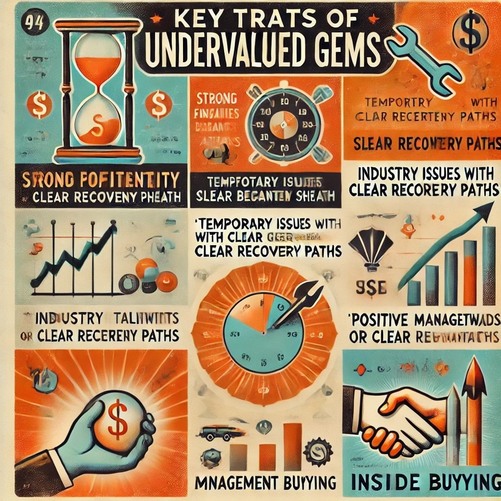 retro-styled infographic showcasing the Key Traits of Undervalued Gems with vintage finance aesthetics