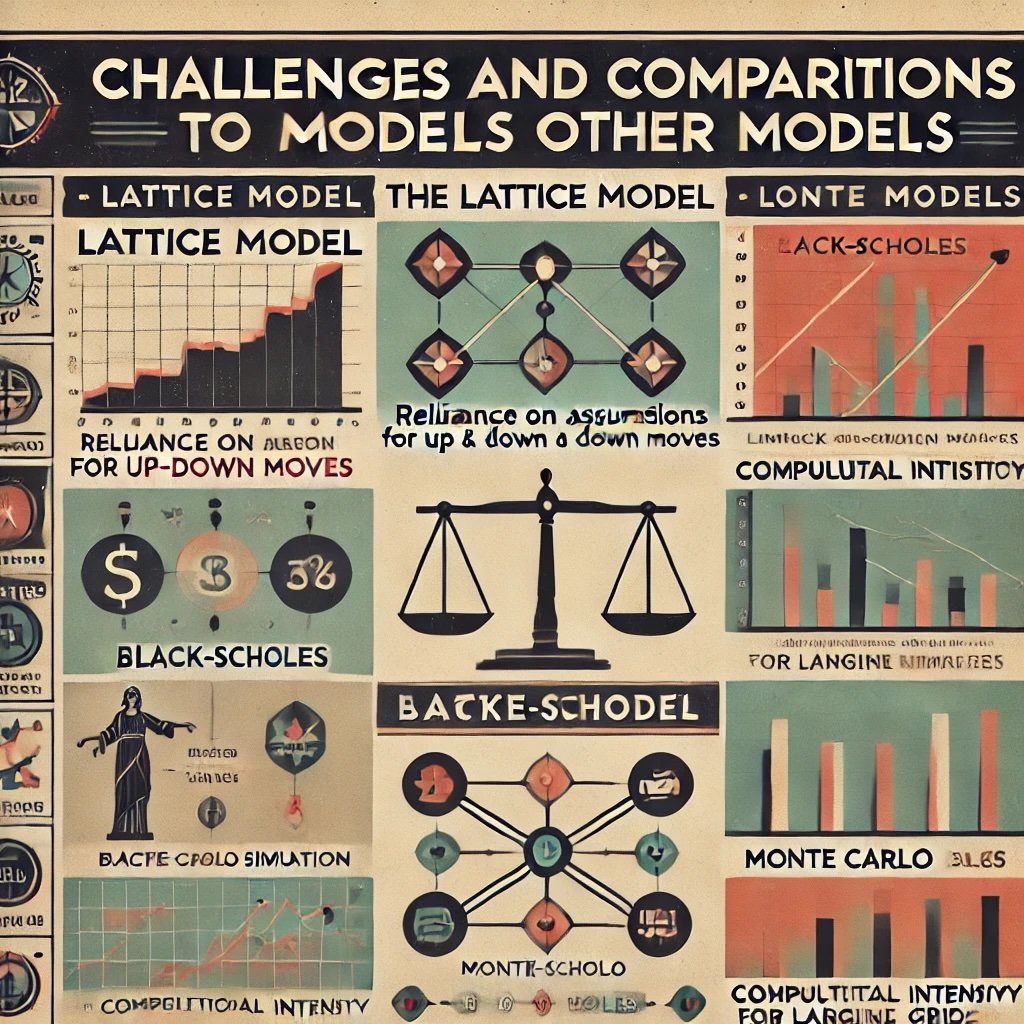 retro-styled infographic that delves into the challenges of the lattice model and compares it to other option pricing techniques like Black-Scholes and Monte Carlo Simulation