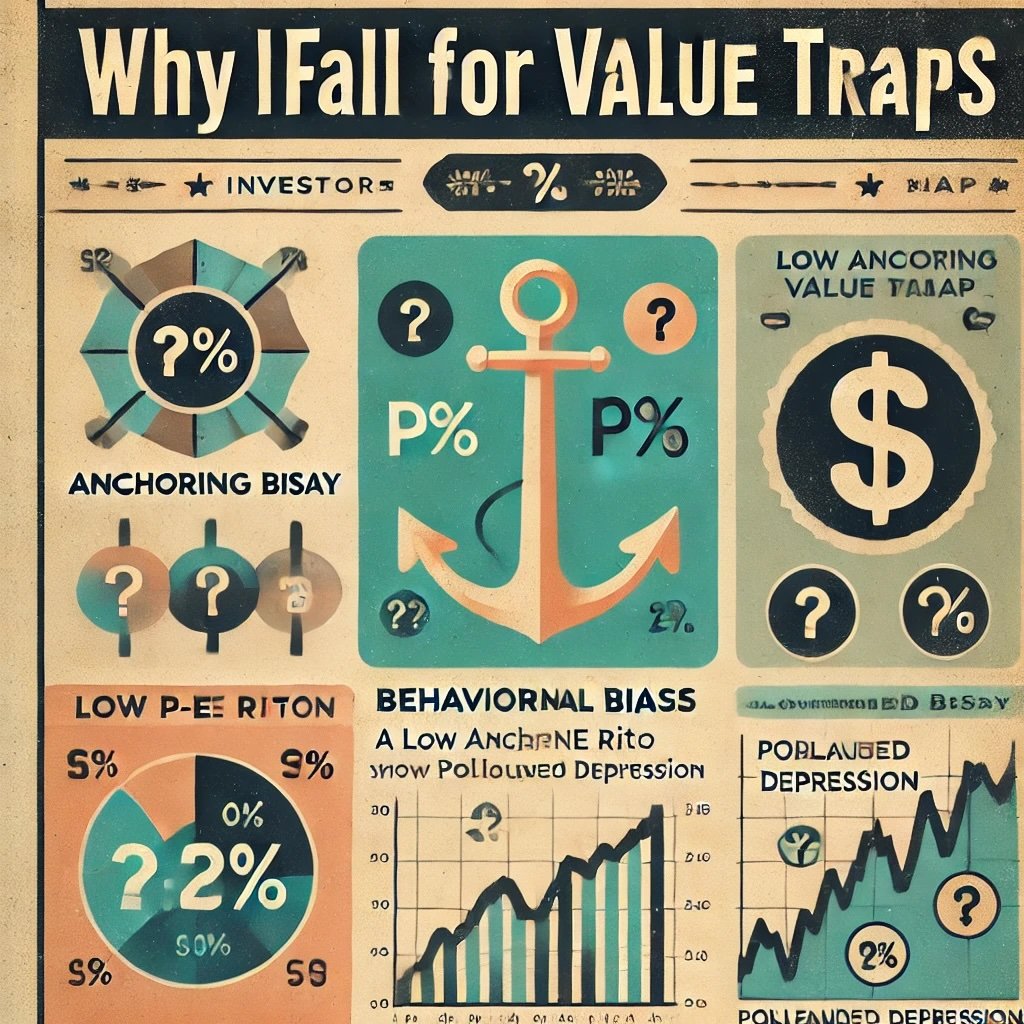 retro-styled infographic titled Why Investors Fall for Value Traps capturing the essence of behavioral biases and cyclical stock challenges with a vintage finance aesthetic