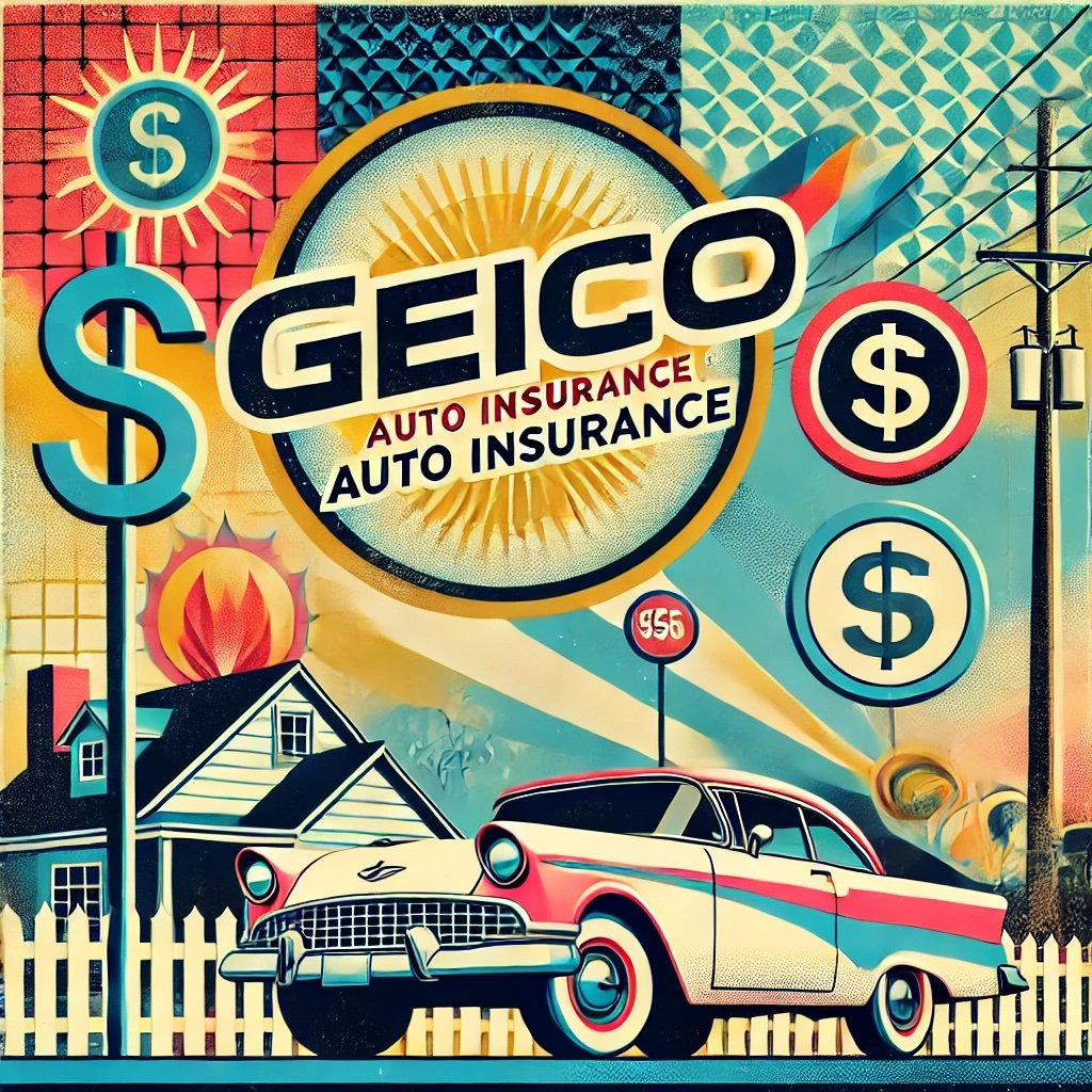 retro-styled visualization of GEICO's significance highlights key elements like a vintage car, suburban imagery, and symbolic savings, all tied together with nostalgic patterns