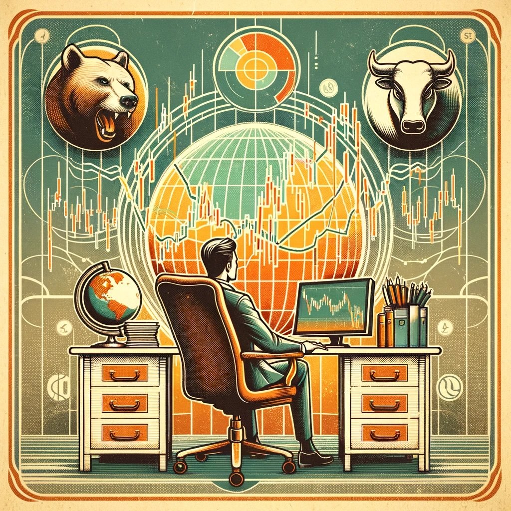 retro-themed illustration showcasing the concept of learning from market volatility, featuring symbolic elements and a vintage-style investor amidst fluctuating market charts