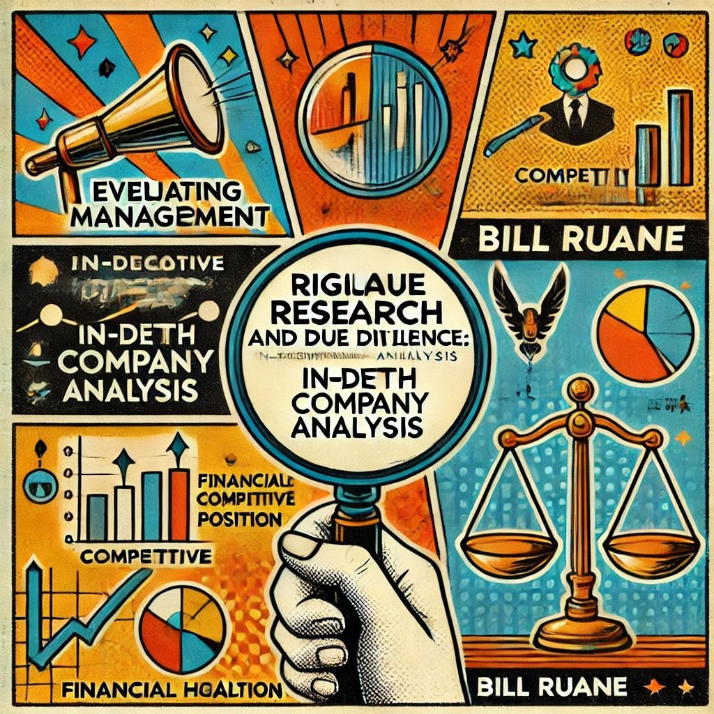 Rigorous Research and Due Diligence In-Depth Company Analysis featuring key elements like evaluating management, competitive positioning, and financial health