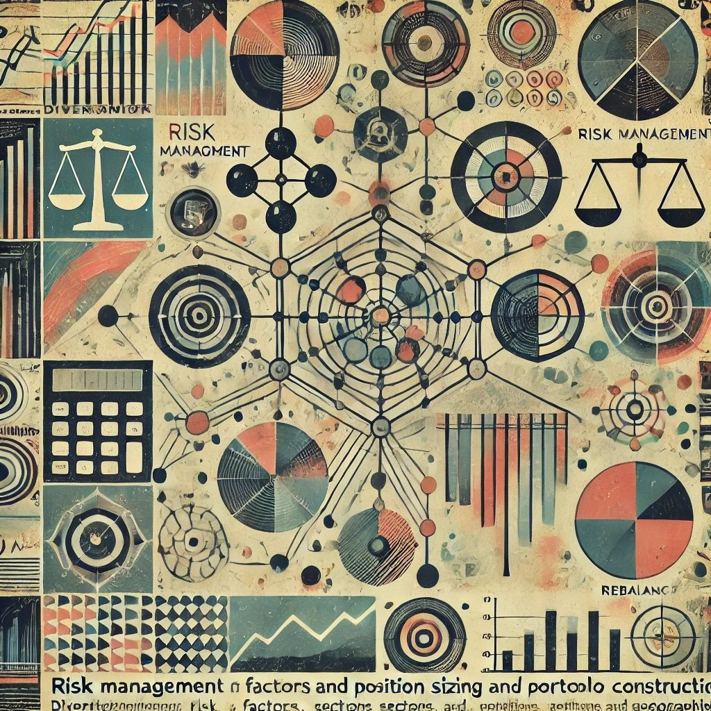 Risk Management and Portfolio Construction represents diversification, position sizing, and rebalancing in a dynamic visual style 