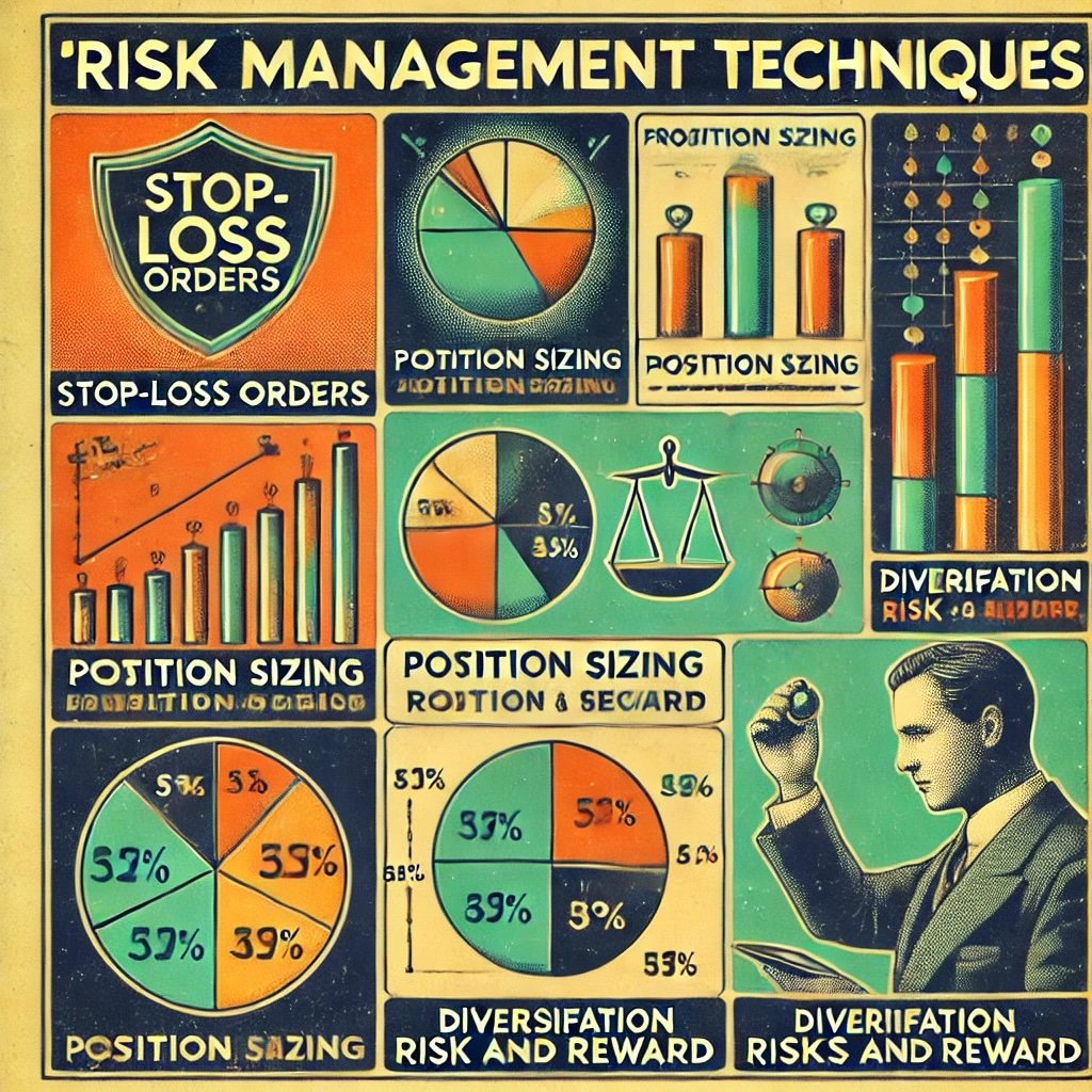 Risk Management Techniques capturing key elements like Stop-Loss Orders, Position Sizing, Diversification, and Balancing Risk and Reward 