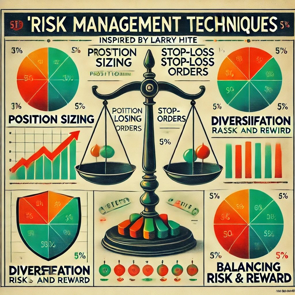 Risk Management Techniques inspired by Larry Hite featuring key elements like Position Sizing, Stop-Loss Orders, Diversification, and Balancing Risk and Reward