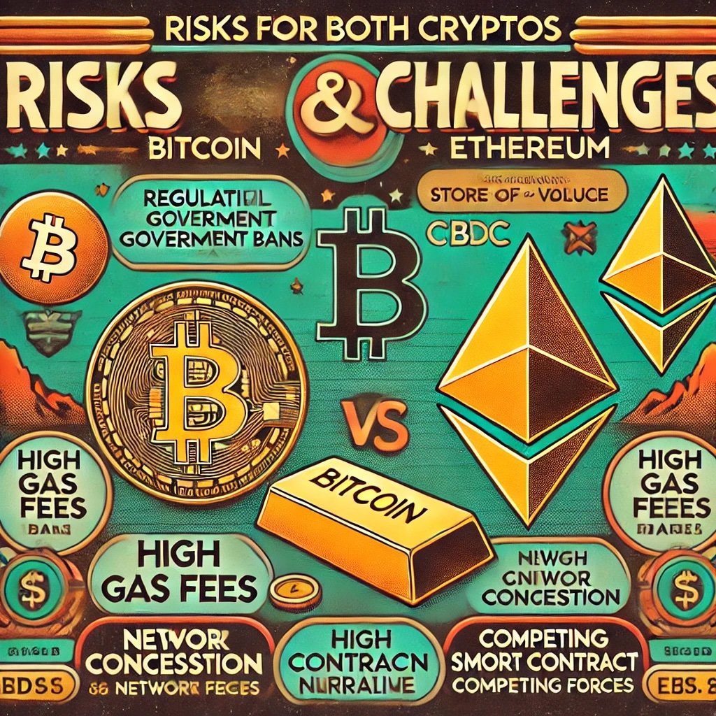 Risks and Challenges for Both Cryptos uncertainties faced by Bitcoin and Ethereum it portrays Bitcoin's regulatory scrutiny and competition from CBDCs alongside Ethereum's challenges with high gas fees and competing smart contract platforms. The design encapsulates the dynamic and volatile nature of the cryptocurrency space while presenting the contrasting hurdles each faces.