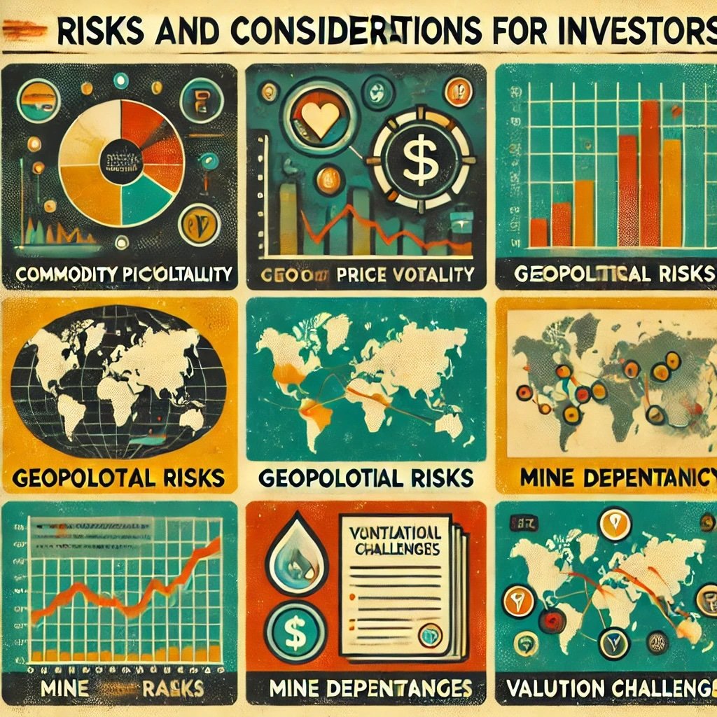 Risks and Considerations for Investors highlights challenges of investing in mining royalty companies such as commodity price volatility, geopolitical risks and valuation complexities. It underscores the need for careful analysis of mine dependency and macroeconomic factors. This visual emphasizes the importance of understanding these nuanced risks to make informed investment decisions in this sector.